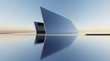 Soyut asgari mimari arkaplan, krom veya metalik kemer tasarımlı geometrik mimari 3D çizim