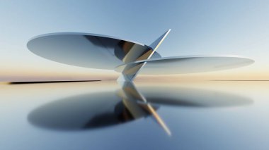 Soyut asgari mimari arkaplan, krom veya metalik kemer tasarımlı geometrik mimari 3D çizim