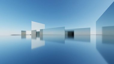 Soyut asgari mimari arkaplan, krom veya metalik kemer tasarımlı geometrik mimari 3D çizim