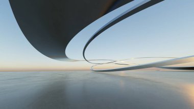 Soyut minimal mimari arkaplan, krom veya metalik eğri tasarımlı geometrik mimari, araba sunumu