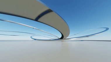 Soyut minimal mimari arkaplan, krom veya metalik eğri tasarımlı geometrik mimari, araba sunumu