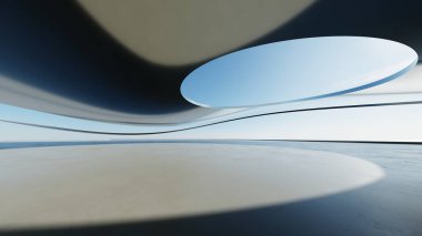 Soyut minimal mimari arkaplan, krom veya metalik eğri tasarımlı geometrik mimari, araba sunumu