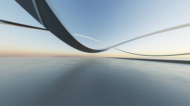 Soyut minimal mimari arkaplan, krom veya metalik eğri tasarımlı geometrik mimari, araba sunumu