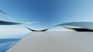 Soyut minimal mimari arkaplan, krom veya metalik eğri tasarımlı geometrik mimari, araba sunumu