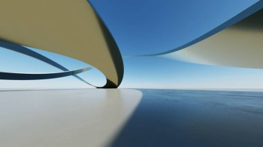 Soyut minimal mimari arkaplan, krom veya metalik eğri tasarımlı geometrik mimari, araba sunumu