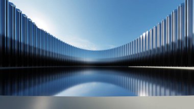 Soyut minimal mimari arkaplan, krom veya metalik eğri tasarımlı geometrik mimari, araba sunumu