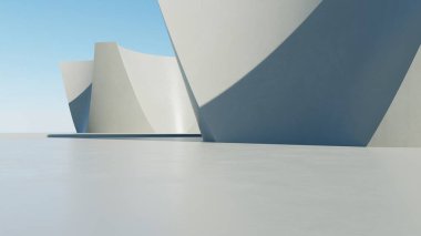 Soyut mimari arka planının 3d çizimi, eğri tasarımlı geometrik mimari, araba sunumu
