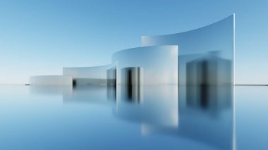 Soyut asgari mimari arkaplan, krom veya metalik kemer tasarımlı geometrik mimari 3D çizim