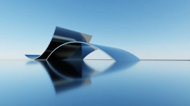 Soyut asgari mimari arkaplan, krom veya metalik kemer tasarımlı geometrik mimari 3D çizim