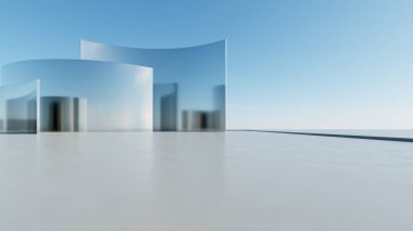 Soyut asgari mimari arkaplan, krom veya metalik kemer tasarımlı geometrik mimari 3D çizim