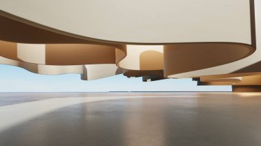 Soyut mimari arka planının 3 boyutlu çizimi, dalgalı eğri tasarımlı geometrik mimari, araba sunumu için boş zemin