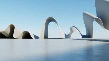 Soyut mimari arka planının 3 boyutlu çizimi, dalgalı eğri tasarımlı geometrik mimari, araba sunumu için boş zemin