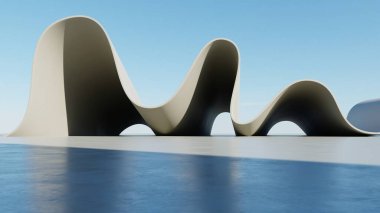 Soyut mimari arka planının 3 boyutlu çizimi, dalgalı eğri tasarımlı geometrik mimari, araba sunumu için boş zemin