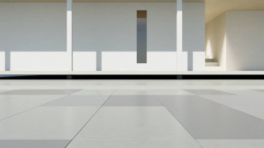 Modern dış giriş terasının 3D görüntüsü. Büyük boş beton duvar, soyut mimari.