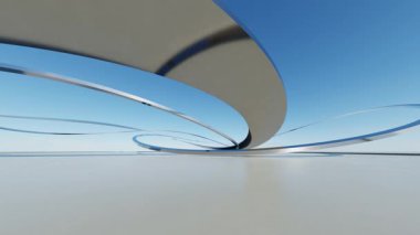 Soyut minimal mimari arkaplan, krom veya metalik eğri tasarımlı geometrik mimari, araba sunumu