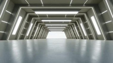 Soyut beton fütüristik geometrik tünel, mimari tasarım konsepti, bilim kurgu iç mimarisi.