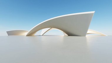 Soyut minimal mimari arkaplan, krom veya metalik eğri tasarımlı geometrik mimari, araba sunumu