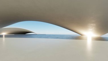 Soyut minimal mimari arkaplan, krom veya metalik eğri tasarımlı geometrik mimari, araba sunumu