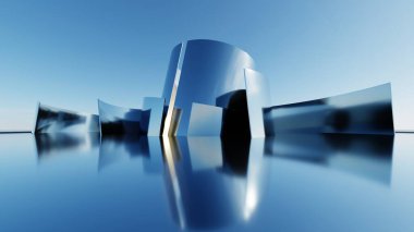 Üç boyutlu soyut minimal mimari arkaplan, eğri tasarımlı geometrik mimari, araba sunumu