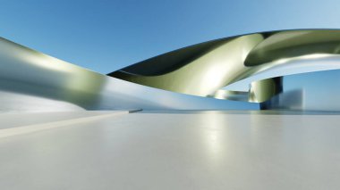 Üç boyutlu soyut minimal mimari arkaplan, eğri tasarımlı geometrik mimari, araba sunumu