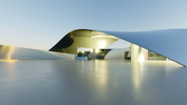 Üç boyutlu soyut minimal mimari arkaplan, eğri tasarımlı geometrik mimari, araba sunumu