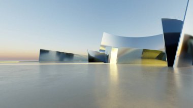 Üç boyutlu soyut minimal mimari arkaplan, eğri tasarımlı geometrik mimari, araba sunumu