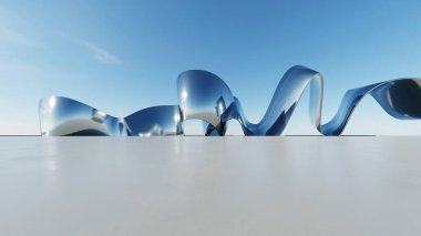 Soyut minimal metalik mimari arka planının 3d çizimi, eğri tasarımlı geometrik mimari, araba sunumu