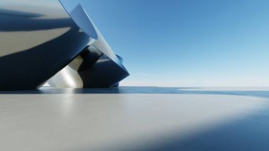 Soyut minimal metalik mimari arka planının 3d çizimi, eğri tasarımlı geometrik mimari, araba sunumu