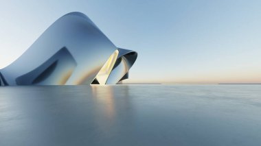 Soyut minimal metalik mimari arka planının 3d çizimi, eğri tasarımlı geometrik mimari, araba sunumu