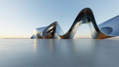 Soyut minimal metalik mimari arka planının 3d çizimi, eğri tasarımlı geometrik mimari, araba sunumu