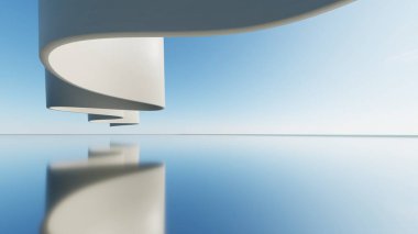 Üç boyutlu soyut minimal mimari arkaplan, dalgalı eğri tasarımlı geometrik mimari, araba sunumu