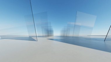 Soyut asgari mimari arkaplan, krom veya cam tasarımlı geometrik mimarinin 3d çizimi