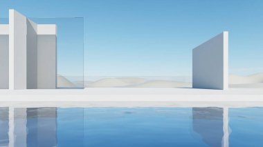 Üç boyutlu soyut minimal mimari arkaplan, su yüzeyinde cam tasarımı olan geometrik mimari