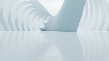 Boş beton zemin ile soyut dalgalı mimari alan, beyaz bilim-kurgu iç tasarımı geometrik, 3D görüntüleme arkaplanı