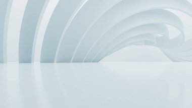 Boş beton zemin ile soyut dalgalı mimari alan, beyaz bilim-kurgu iç tasarımı geometrik, 3D görüntüleme arkaplanı