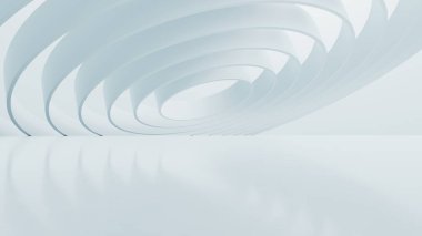 Boş beton zemin ile soyut dalgalı mimari alan, beyaz bilim-kurgu iç tasarımı geometrik, 3D görüntüleme arkaplanı