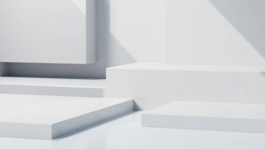3d rendering of empty white concrete room with geometry podium background, Empty space for product presentation.	