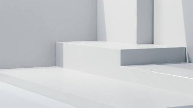 3d rendering of empty white concrete room with geometry podium background, Empty space for product presentation.	