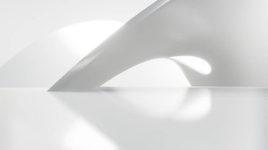 Boş beton zeminli soyut dalgalı mimari alan, yumuşak beyaz bilim kurgu iç plan, 3D görüntüleme
