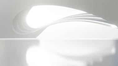 Boş beton zeminli soyut dalgalı mimari alan, yumuşak beyaz bilim kurgu iç plan, 3D görüntüleme