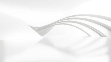 Boş beton zeminli soyut dalgalı mimari alan, yumuşak beyaz bilim kurgu iç plan, 3D görüntüleme