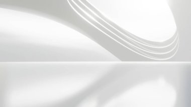 Boş beton zeminli soyut dalgalı mimari alan, yumuşak beyaz bilim kurgu iç plan, 3D görüntüleme