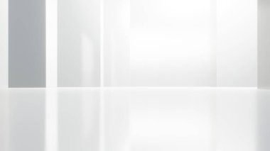 Boş beton zeminli soyut mimari alan, beyaz bilim kurgu iç tasarımı geometrik, 3D görüntüleme arkaplanı