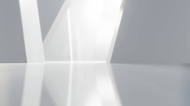 Boş beton zeminli soyut mimari alan, beyaz bilim kurgu iç tasarımı geometrik, 3D görüntüleme arkaplanı