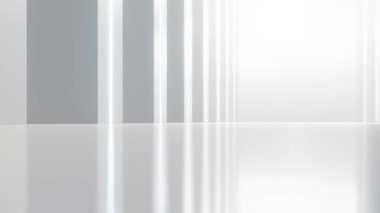 Boş beton zeminli soyut mimari alan, beyaz bilim kurgu iç tasarımı geometrik, 3D görüntüleme arkaplanı