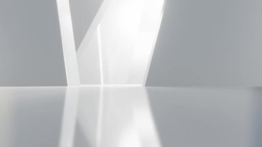 Boş beton zeminli soyut mimari alan, beyaz bilim kurgu iç tasarımı geometrik, 3D görüntüleme arkaplanı