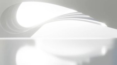 Boş beton zeminli soyut dalgalı mimari alan, yumuşak beyaz bilim kurgu iç plan, 3D görüntüleme