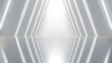 Boş beton zeminli soyut mimari alan, beyaz bilim kurgu iç tasarımı geometrik, 3D görüntüleme arkaplanı