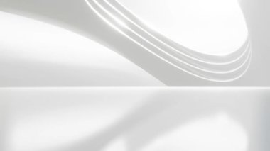 Boş beton zeminli soyut dalgalı mimari alan, yumuşak beyaz bilim kurgu iç plan, 3D görüntüleme