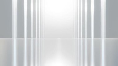 Boş beton zeminli soyut mimari alan, beyaz bilim kurgu iç tasarımı geometrik, 3D görüntüleme arkaplanı